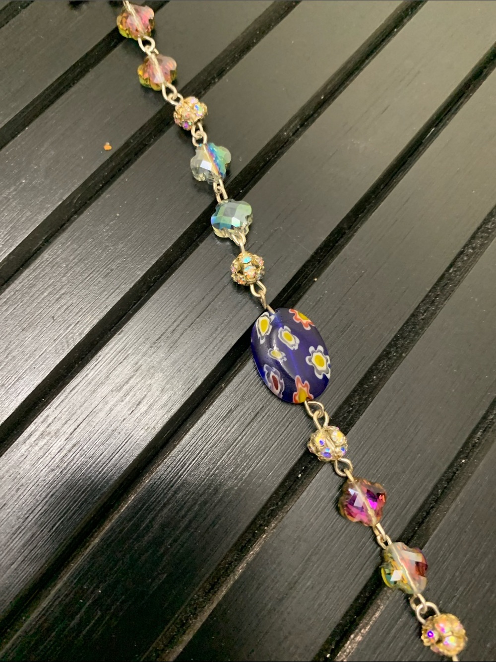 Handmade Multicolor crystal Bracelet with Blue Floral Focal